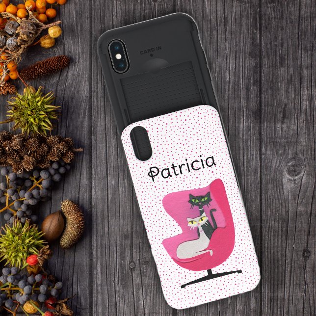 Classy Atomic Cats in Pink Chair Polka Dots Uncommon iPhone Case (Two atomic cats in 1950s style pink chair on pink polka dots on white iPhone wallet case.)