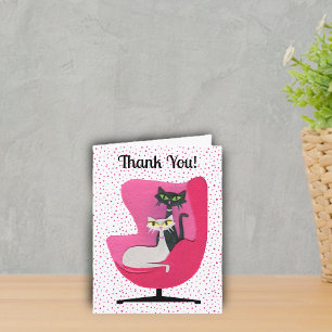 Classy Atomic Cats in Pink Vintage Chair Polka Dot Letterpress Thank You Card