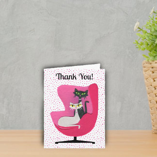Classy Atomic Cats in Pink Vintage Chair Polka Dot Thank You Card