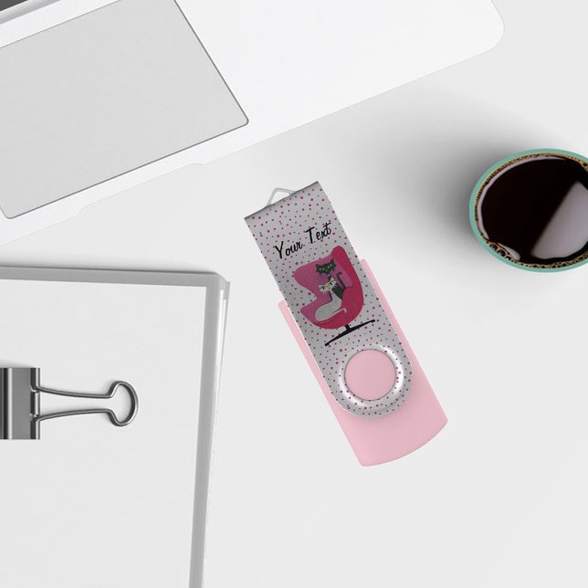 Classy Atomic Cats Pink Chair Polka Dots White Flash Drive (Atomic classy cats in vintage pink chair on white with pink polka dots on USB drive.)