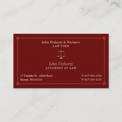 Classy Attorney at Law  Lawyer Dark Red Gold Business Card