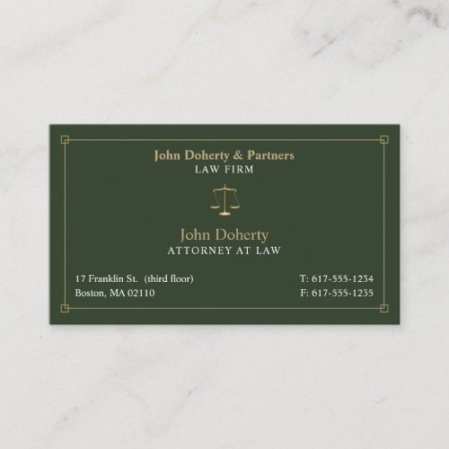 Classy Attorney at Law  Lawyer Green Gold Business Card