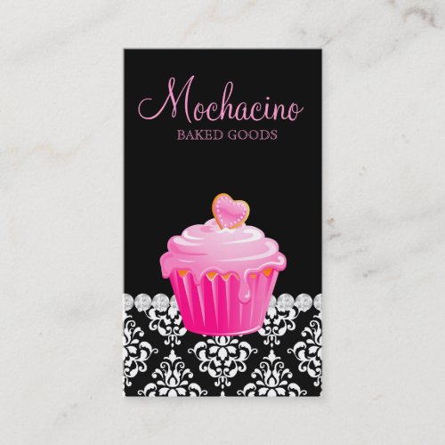 Classy Bakery Business Card Cupcake Damask Pink Bl
