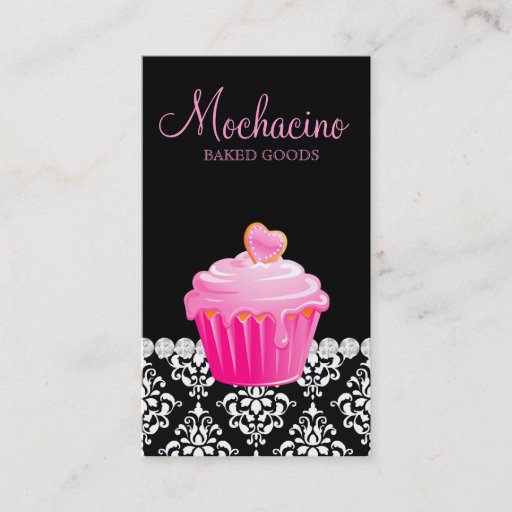 Customizable Classy Bakery Business Card Cupcake Damask Pink Bl