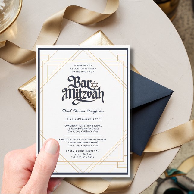Classy BAR MITZVAH Quality Navy Gold Modern Invitation (Creator Uploaded)