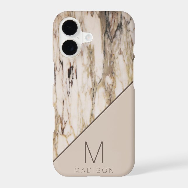 Classy Beige and Brown Marble Stone Monogram Name Iphone Case (Back)
