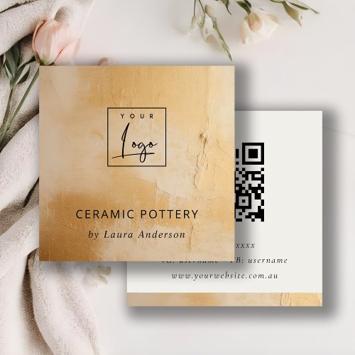 Classy Beige Gold Oil Paint Texture Logo QR Code Square Business Card