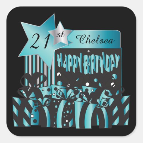 Classy Birthday  DIY Name  Age  Turquoise Square Sticker