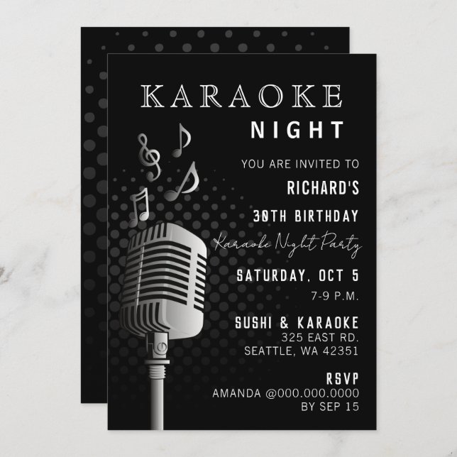 Classy Black 30th Birthday Karaoke Night Party Invitation (Front/Back)
