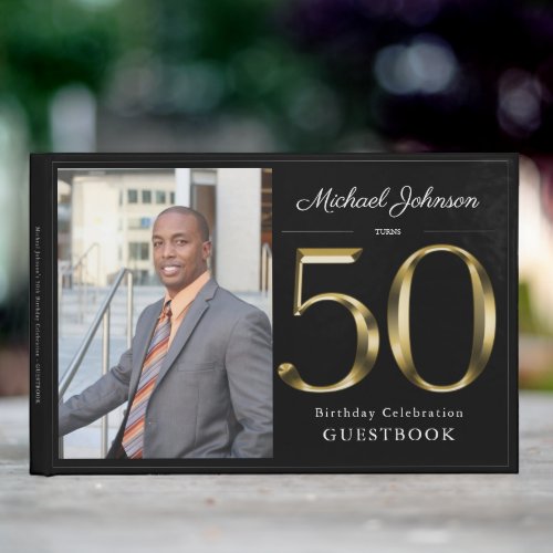 Classy Black 50th Solid Gold Custom Photo Birthday Guest Book
