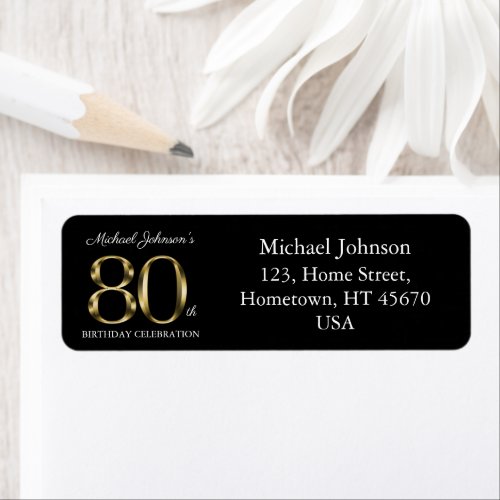 Classy Black 80th Birthday Solid Gold Text Address Label