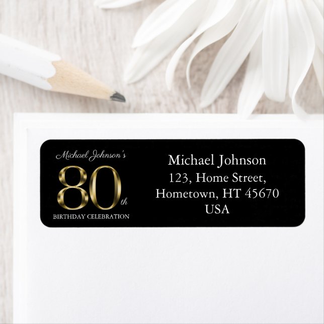 Classy Black 80th Birthday Solid Gold Text Address Label (Insitu)