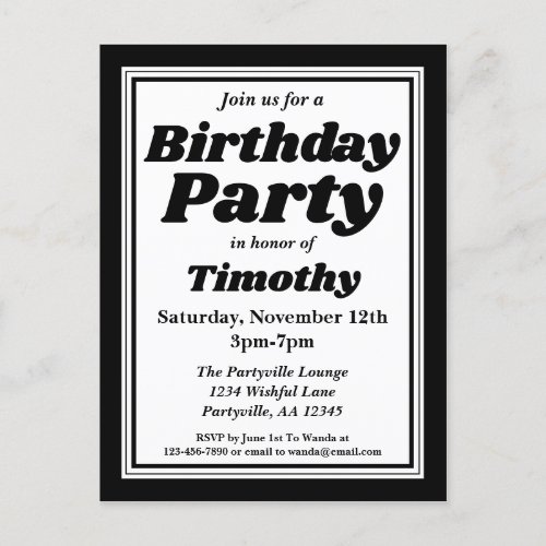 Classy Black Adult Birthday Party Invitation Postcard