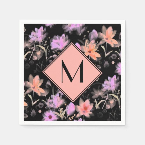 Classy Black and Blush Coral Pink Floral Monogram Napkins