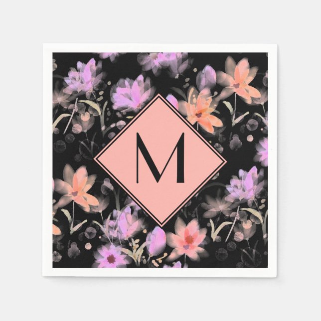 Classy Black and Blush Coral Pink Floral Monogram Napkins (Front)
