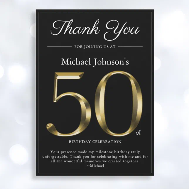 Classy Black and Gold 50th Birthday Thank You Card | Zazzle