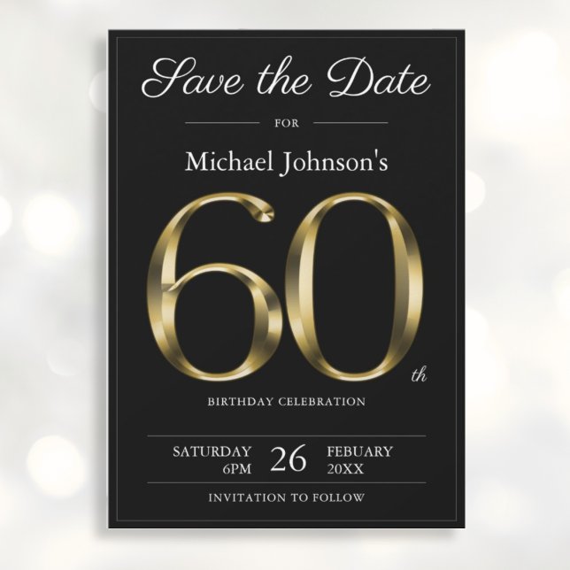 Classy Black and Gold 60th Birthday Party Save The Date (Mockup View)