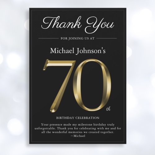 Classy Black and Gold 70th Birthday Thank You Card