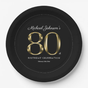 Classy Black and Gold 80th Birthday Party Paper Plates