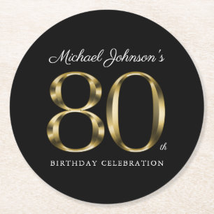 Classy Black and Gold 80th Birthday Party Round Paper Coaster