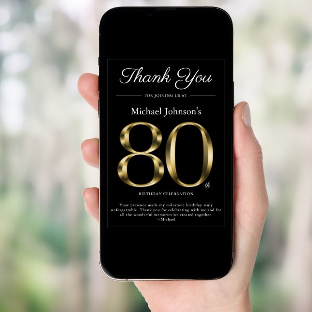 Classy Black and Gold 80th Birthday Thank You Card (Front Digital)