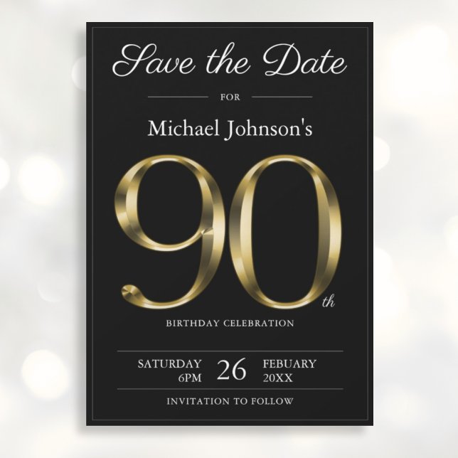 Classy Black and Gold 90th Birthday Party  Save The Date (Mockup View)