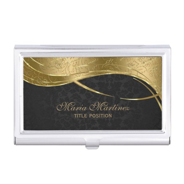 Classy Black And Gold Damask Case For Business Cards (Front)
