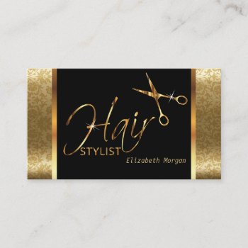 Classy Black And Gold Damask Hair Stylist Business Card by DesignsbyDonnaSiggy at Zazzle