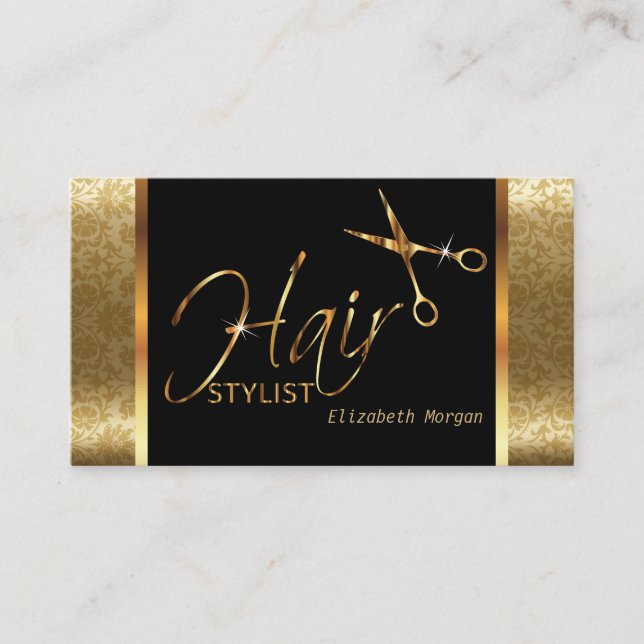 Classy Black and Gold Damask Hair Stylist Business Card (Front)