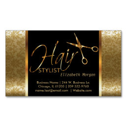 Classy Black and Gold Damask Hair Stylist Business Card Magnet