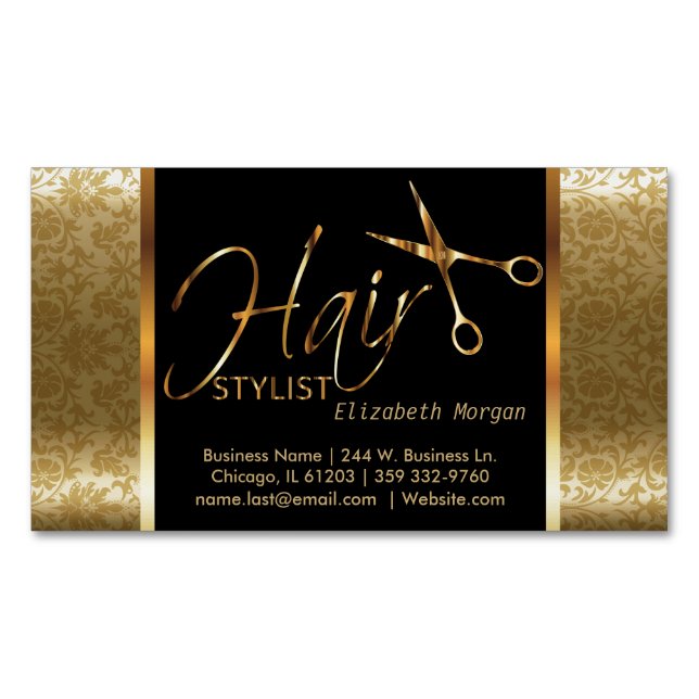 Classy Black and Gold Damask Hair Stylist Business Card Magnet (Front)
