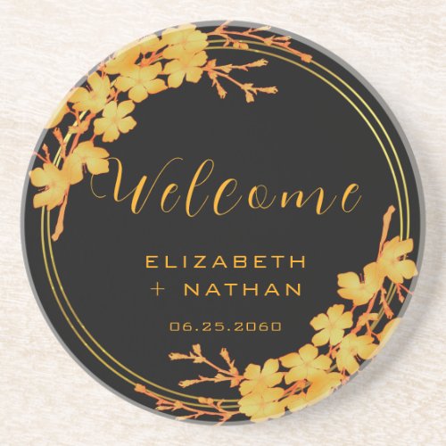 Classy Black and Gold Floral Wedding Welcome Coaster