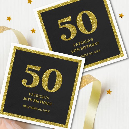 Classy Black And Gold Glitter 50th Birthday Party  Napkins