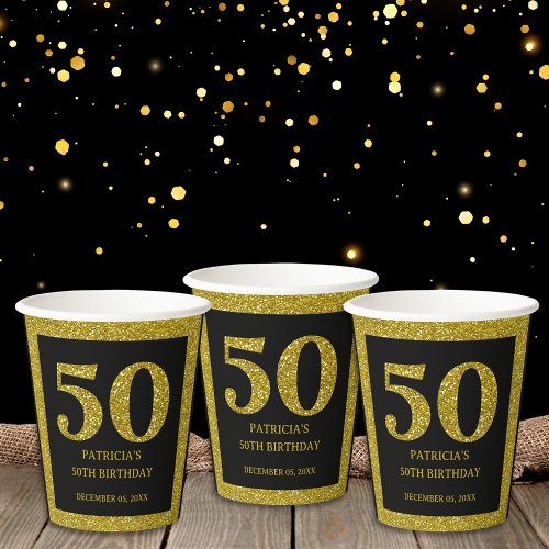 Classy Black And Gold Glitter 50th Birthday Party  Paper Cups