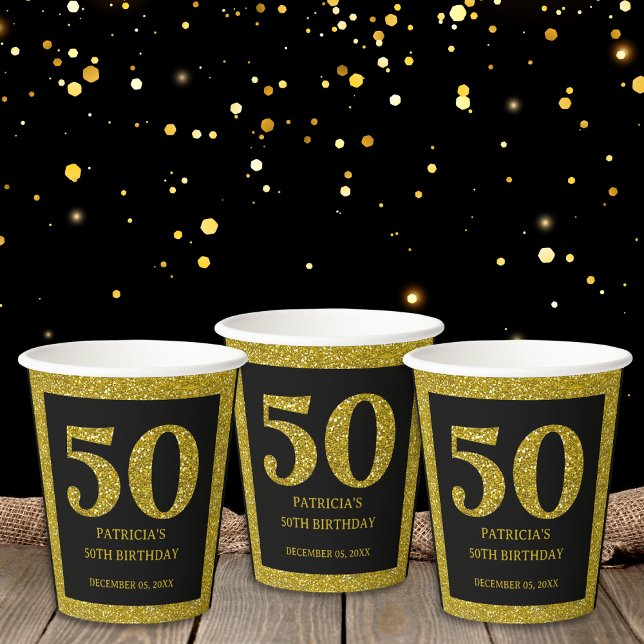 Classy Black And Gold Glitter 50th Birthday Party  Paper Cups (Classy Black Gold Glitter 50th Birthday Party suppies -paper cups for milestone birthday party)