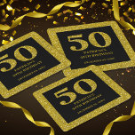 Classy Black And Gold Glitter 50th Birthday Party  Square Paper Coaster<br><div class="desc">Classy 50th Birthday party favors- 
Make your 50th Birthday or milestone adult birthday party unforgettable with our classy,  elegant black and gold glitter party favors. Styled with gold glitter 50 typography on black for a glam touch,  these can coolers are perfect to add elegance to your birthday celebration.</div>