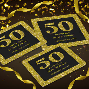 Classy Black And Gold Glitter 50th Birthday Party Square Paper Coaster