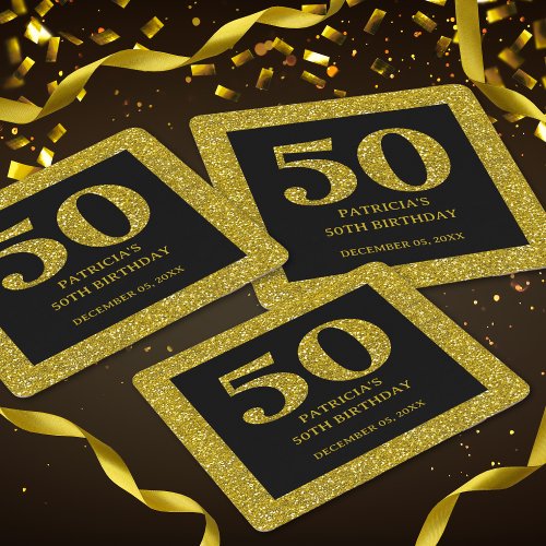 Classy Black And Gold Glitter 50th Birthday Party  Square Paper Coaster