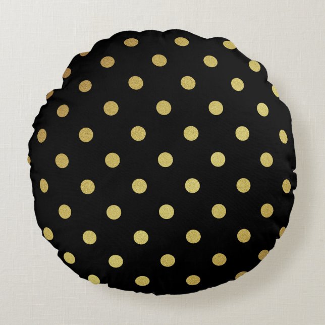 Classy Black and Gold Glitter Polka Dots Round Pillow (Front)