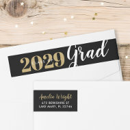 Classy Black and Gold Graduation Return Address Wrap Around Label
