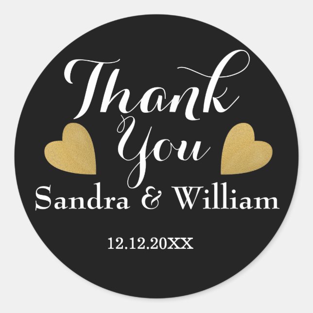 Classy Black And Gold Hearts Wedding Thank You Classic Round Sticker (Front)