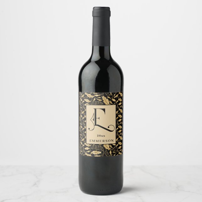 Classy Black and Gold Leaf Pattern Monogram E Wine Label (Front)