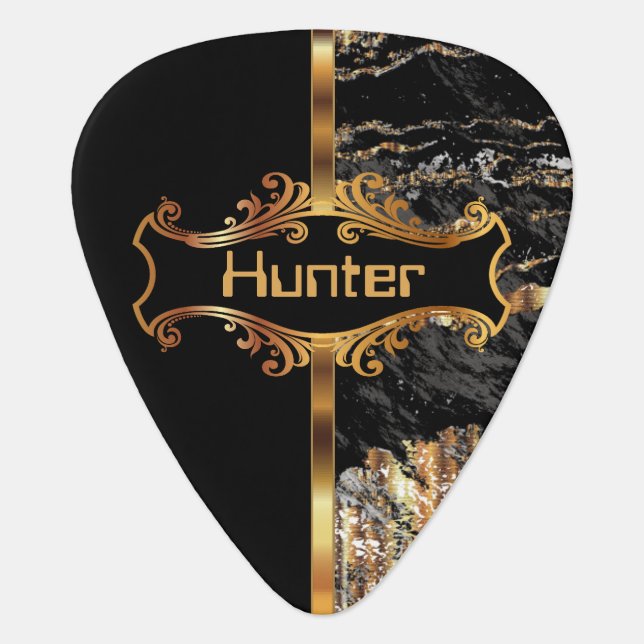 Classy Black and Gold Marble Guitar Pick (Front)