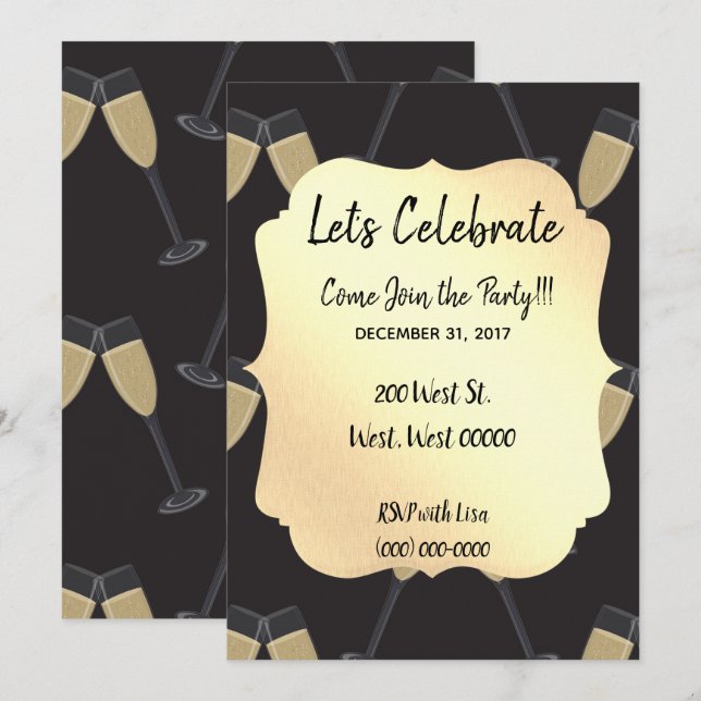 Classy Black and Gold New Year Celebration Invitation (Front/Back)