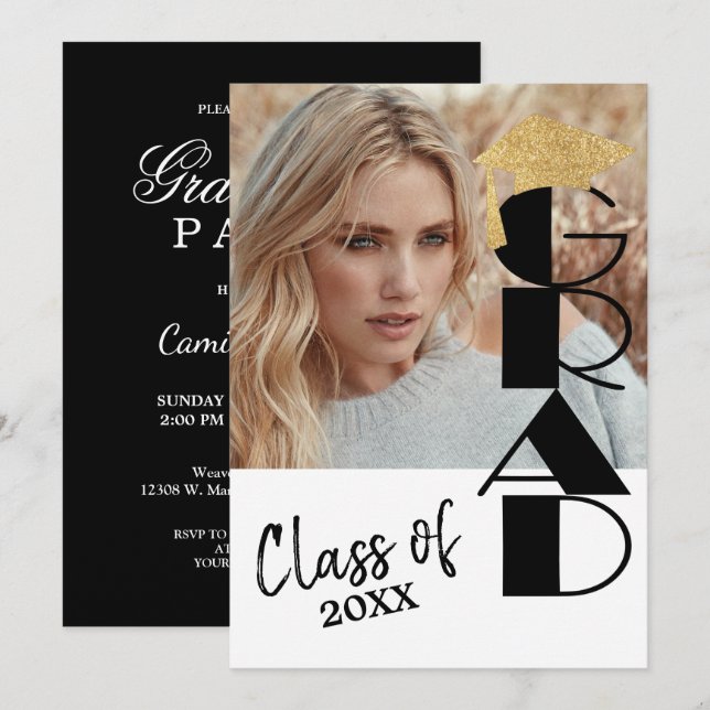 Classy Black and Gold Photo Graduation Invitation (Front/Back)