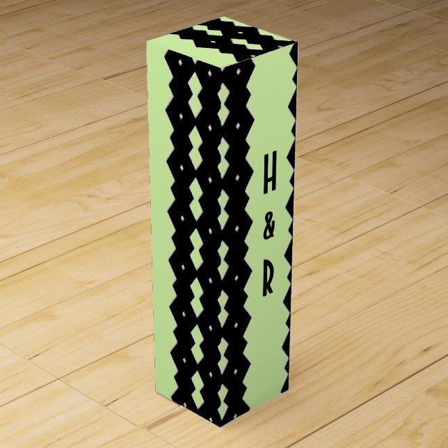 Classy Black and Lime Green Zigzag Monogram Wine Box (Front)
