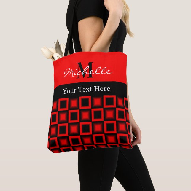Classy Black And Red Geometric Pattern Monogram Tote Bag (Close Up)