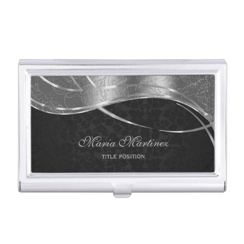 Classy Black And Silver Damask Business Card Case