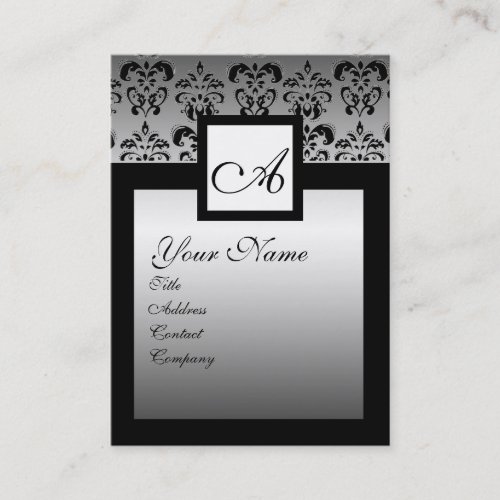 CLASSY BLACK AND SILVER DAMASK SQUARE MONOGRAM BUSINESS CARD