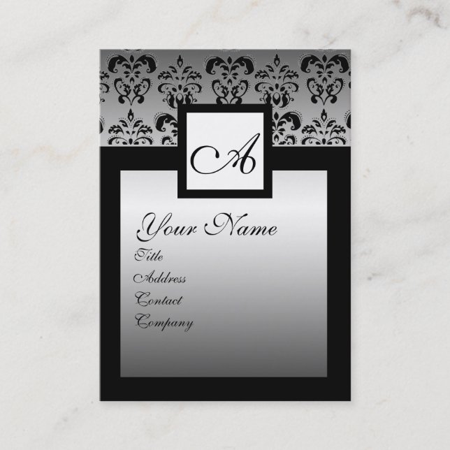 CLASSY BLACK AND SILVER DAMASK SQUARE MONOGRAM BUSINESS CARD (Front)